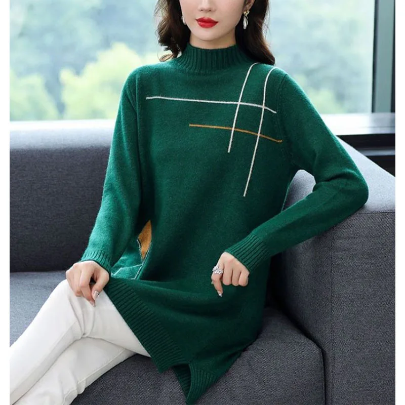 2024 Autumn Winter New Women\'s Half High Collar Loose Sweaters Fashion Casual All-match Mid Length Version Long Sleeve Tops