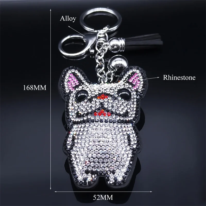 Cute French Bulldog Crystal Tassel Keychain Bag Accessories Lovely Animal Dog Keyring Holder Pet Lover Gift Jewelry porte clé