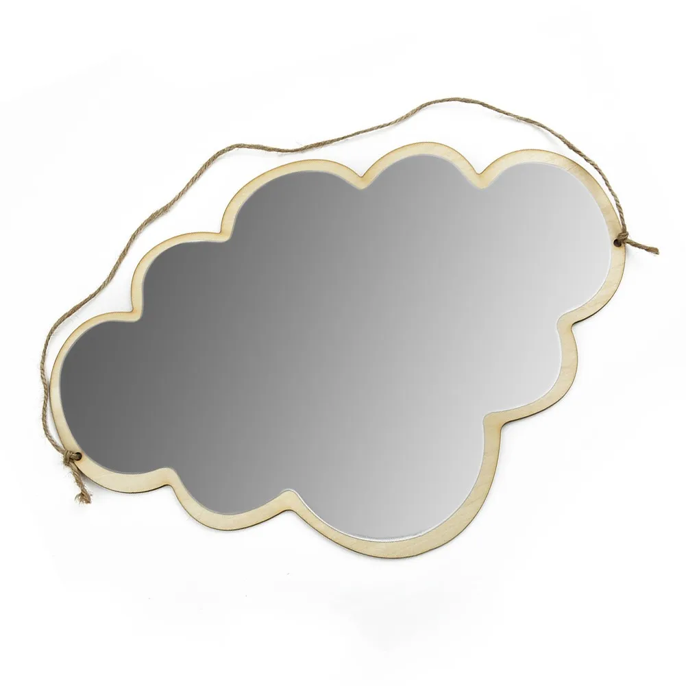 Cloud Shape Cute Decor Wall Sticker Mirror Dormitory Ornaments Makeup Mirror Wooden Cloud Mirror Decorations About 33*23cm