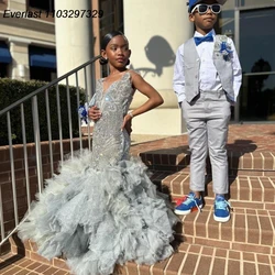 EVLAST Glitter Grey Ruffles Prom Dress For Black Girls 2024 Silver Diamond Rhinestone Beaded Party Birthday Gala Gown TPD130