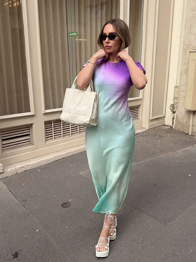 Vestido Midi de Moda para Mujer HH, Estampado, Manga Corta, Estilo Vintage, Tie Dye, Cuello Redondo, Primavera