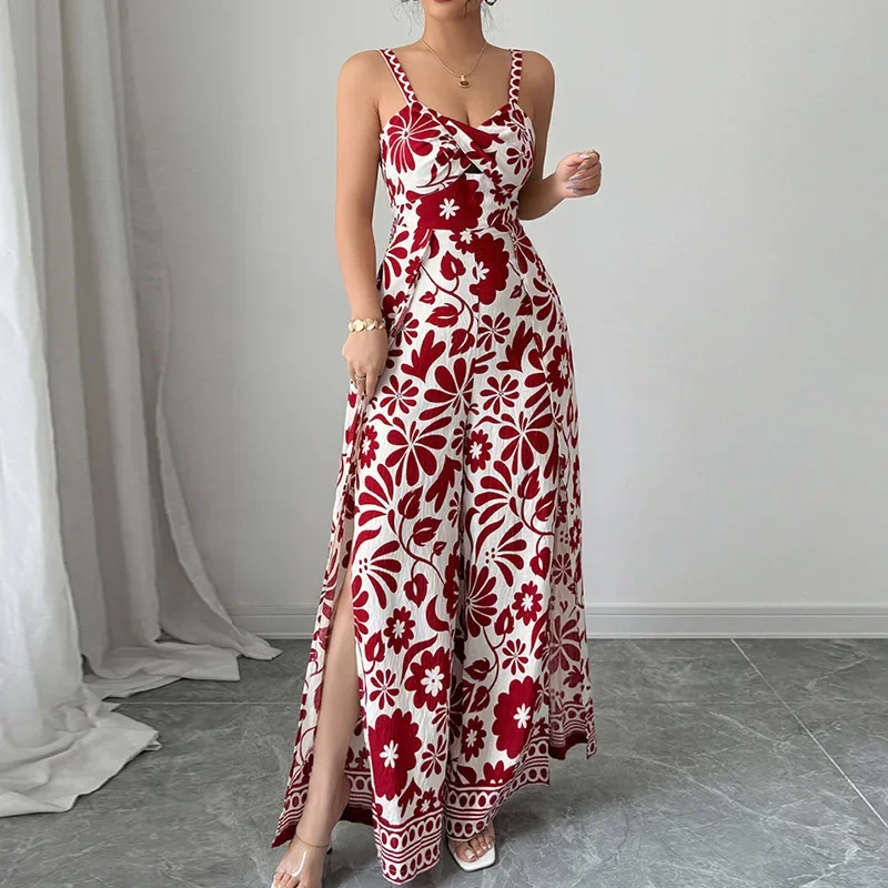 

Женский повседневный офисный комбинезон с высокой талией, 2025 г., женский свободный богемный комбинезон с принтом, шикарный комбинезон с широкими штанинами и боковым разрезом, женская комбинация