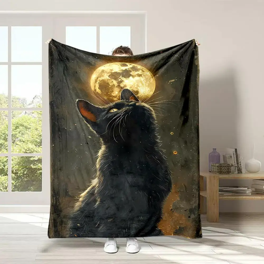 Cozy Black Cat Under Moonlight Throw Blanket - Reversible All-Season Soft Flannel Fleece Bedspread with Black Cat & Moon Phases