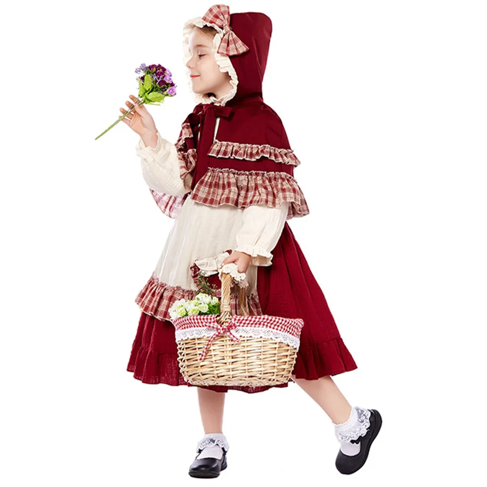 Robe cosplay du petit chaperon rouge pour filles, robe de femme de chambre pour enfants, costume d'Halloween, spectacle de théâtre sur scène, style Lolita, 5 pièces