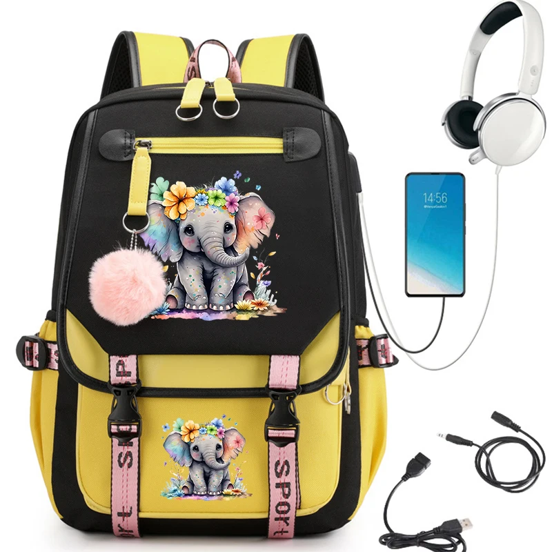 Kawaii School Bag for Teenager Girls Anime Cartoon Backpacks Children's Backpack Floral Elephant Cartoon Students Usb Schoolbags