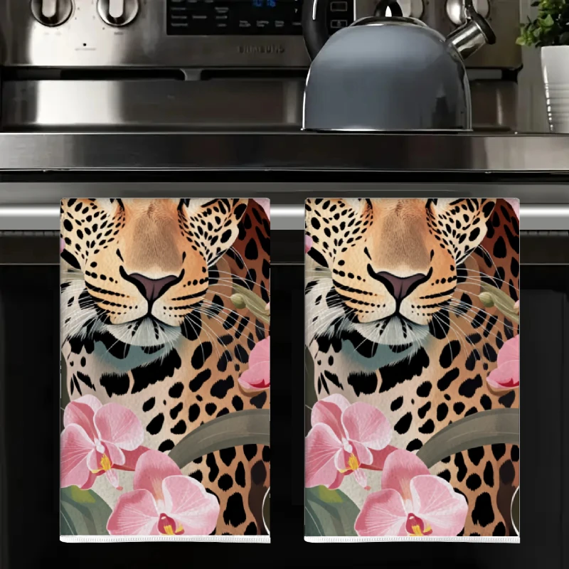 2Pcs, Tropical Rainforest Pink Cheetah Kitchen Towels, 40Cm*60Cm Towel Set, Best Kitchen Towels, Super Absorbent Soft Cleaning Cloth, Cooking and Baking Tea Towels, Hand Towels, Cleaning Cloths, Dishcloths, Kitchen Decor, Living Room Decorations, Kitchen Essentials, Home Essentials