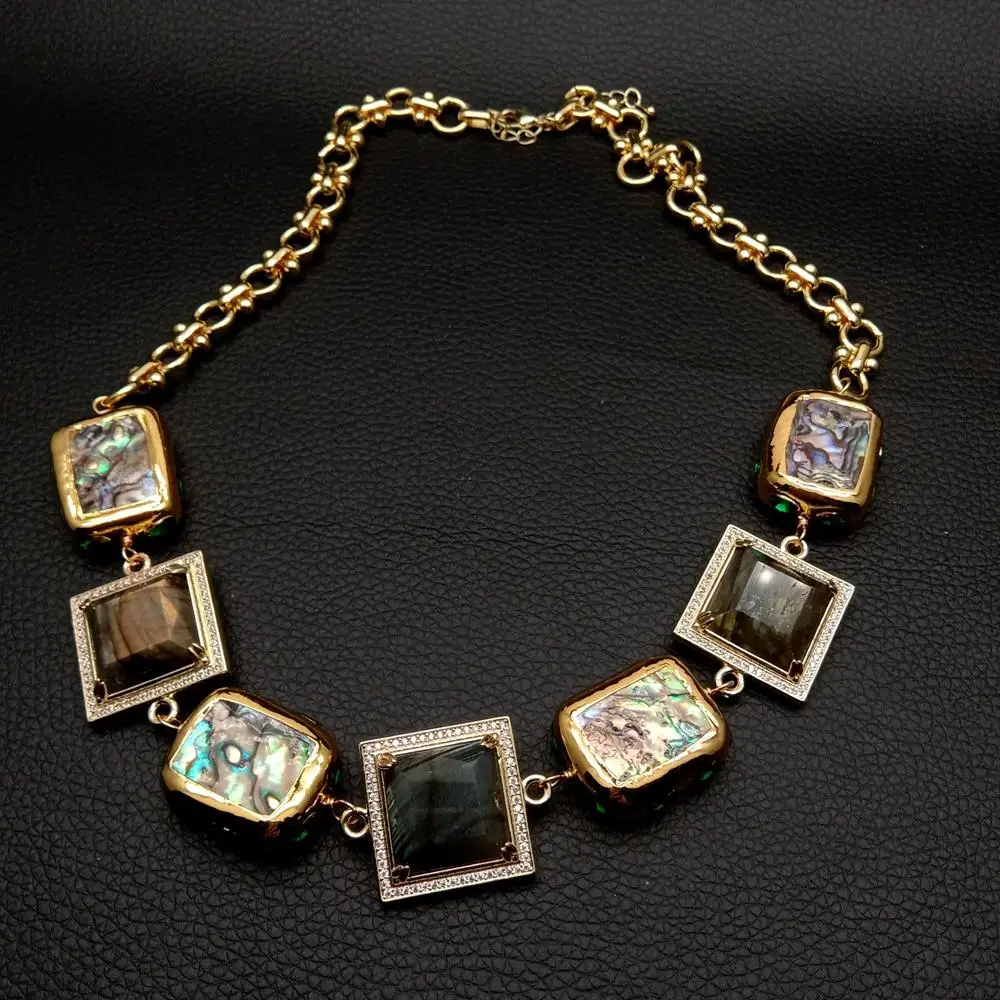 

KKGEM 25mm Labradorite Square 22x27mm Multi Color Abalone Shell Cz Pave Gold Plated Chain Choker Necklace