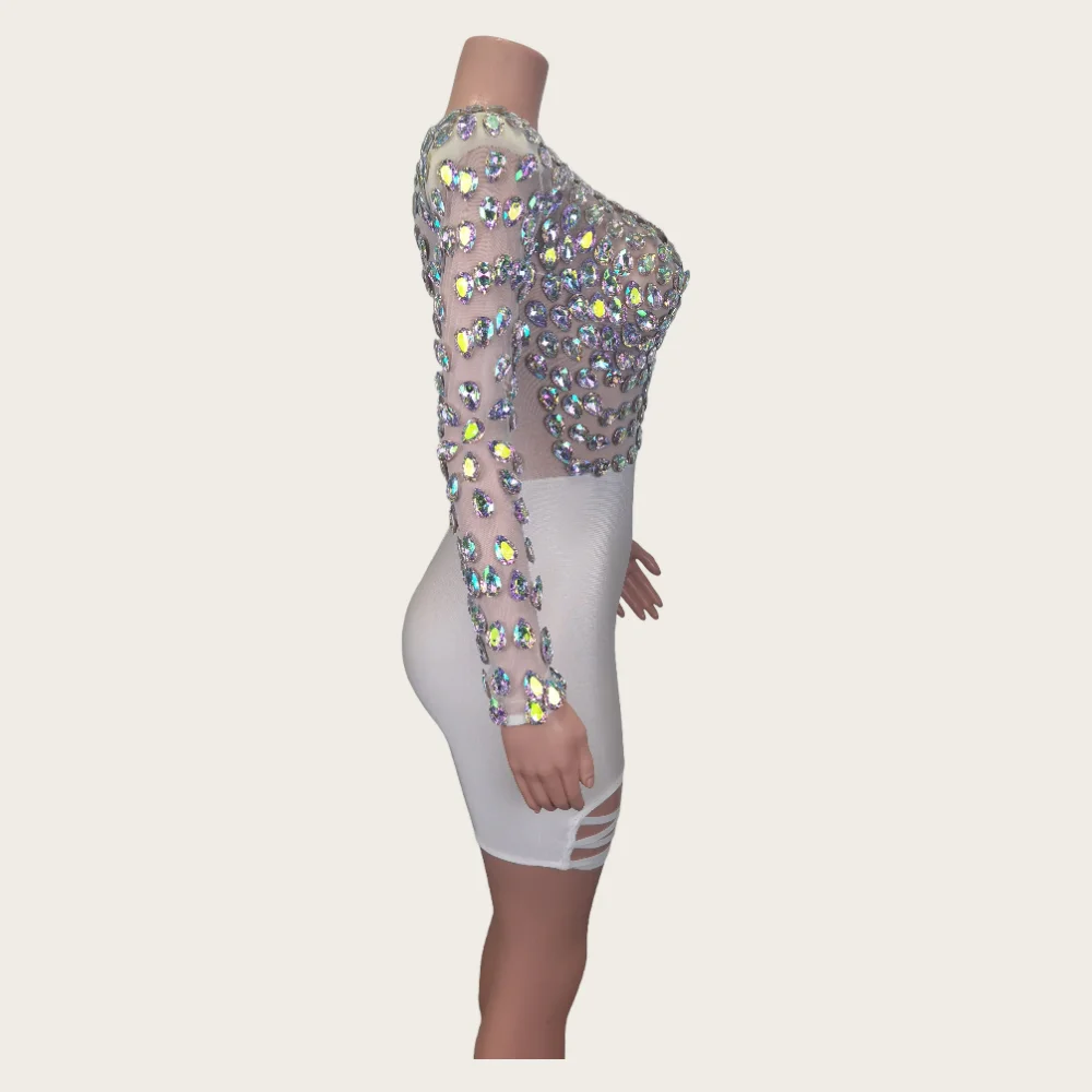 Fashion Long Sleeves White Crystal Rhinestone Hip Wrapped Night Gown Sexy Casual Elegant Women Club Prom Party Dress Stage Wear