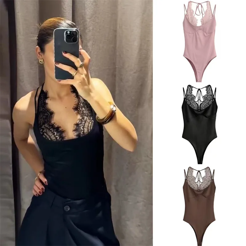 

Женский комбинезон 2026: Новинка Весны, однотонный, с вырезом халтер, кружевными вставками, сексуальный, облегающий, модный, персонализированный