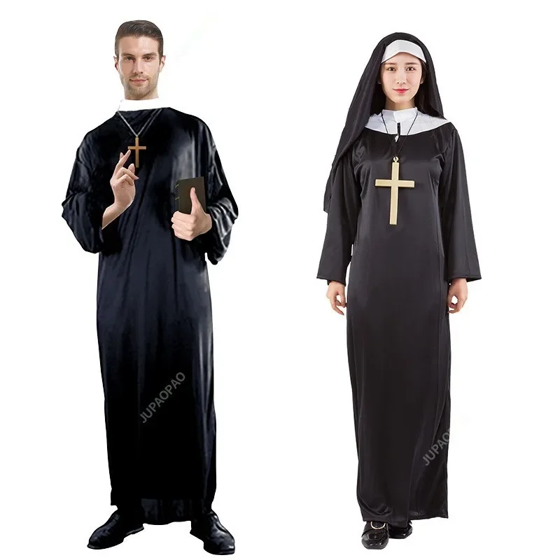 Costumi cosplay da prete per uomini di Halloween per vestiti da donna Carnevale suora abiti lunghi abbigliamento da chiesa religiosa cattolica missionario