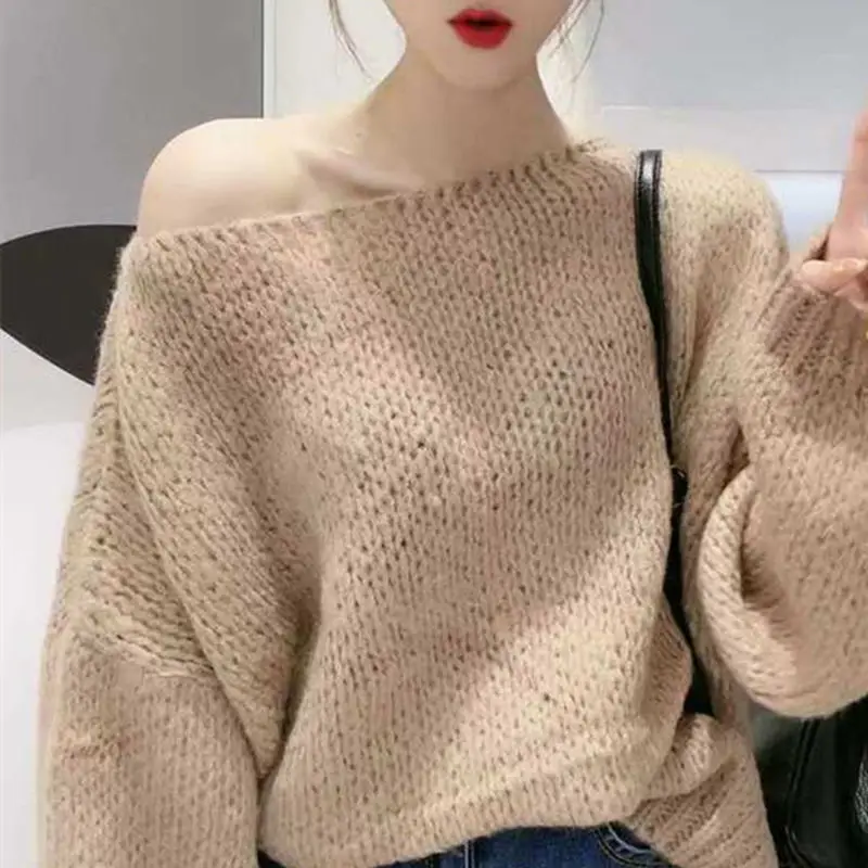 Blue Ladies Sweaters Pink Off The Shoulder Knitted Top for Women White Pullover Emo Harajuku Fashion Korean Streetwear Y2k Xxl E