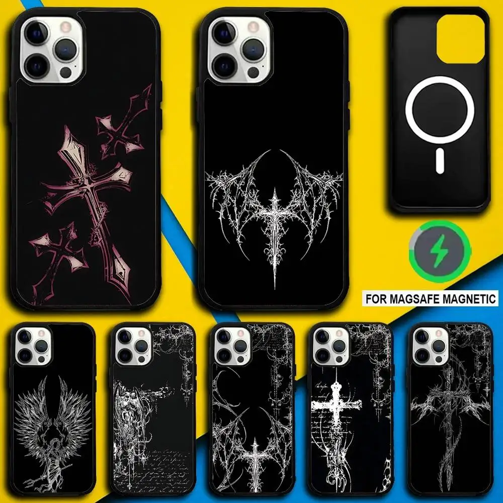 

Чехол для телефона для iPhone 16,15,14,13,12,11, Pro, Max, Plus, Mini,SE4,E Магнитная готическая кибер-сигнализизм Cross Magsafe с беспроводной зарядкой