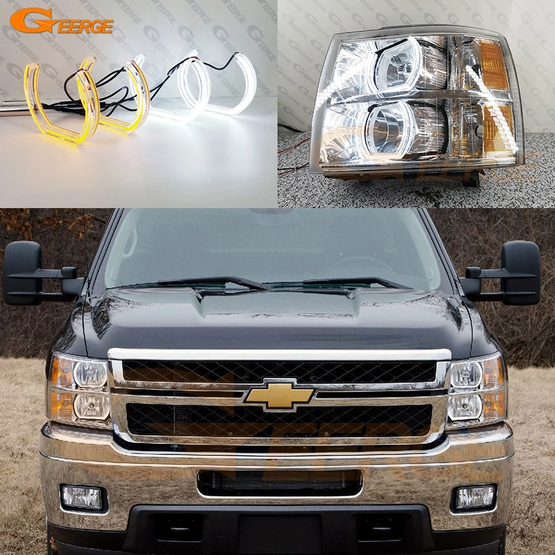 For Chevrolet Silverado 1500 2500 3500 HD Ultra Bright A/W Switchback Crystal DTM Style Led Angel Eyes Kit Halo Rings Day Light