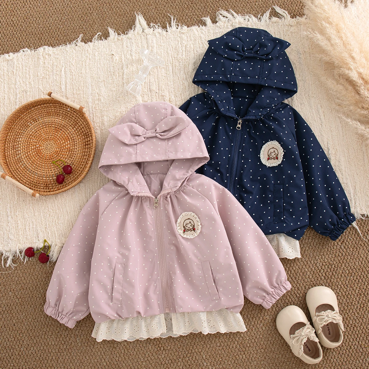 Baby Girl Korean Style Navy Blue Polka Dots Bow Hooded Tops Autumn Toddler Lace Spliced Long Sleeved Coat