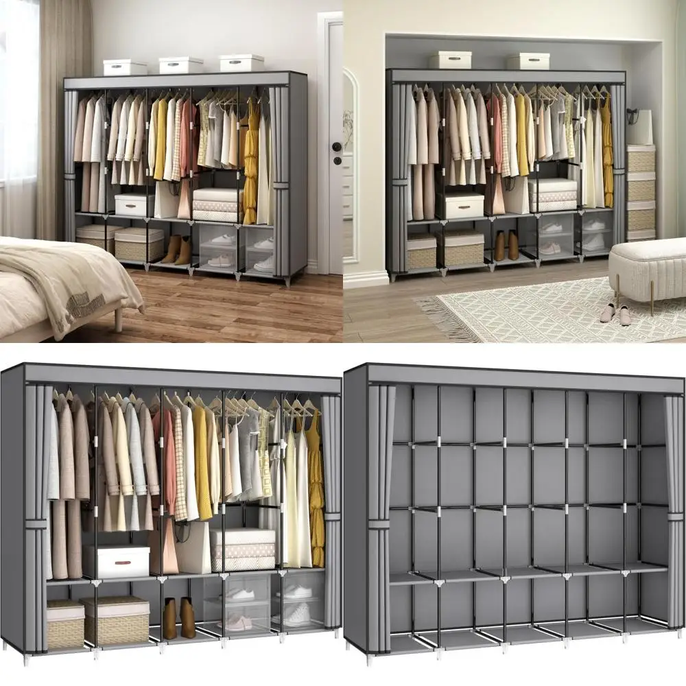 

83 Wide Portable Closet Organizer with Cover, 5 Hanging Rods & 10 Shelves, Grey