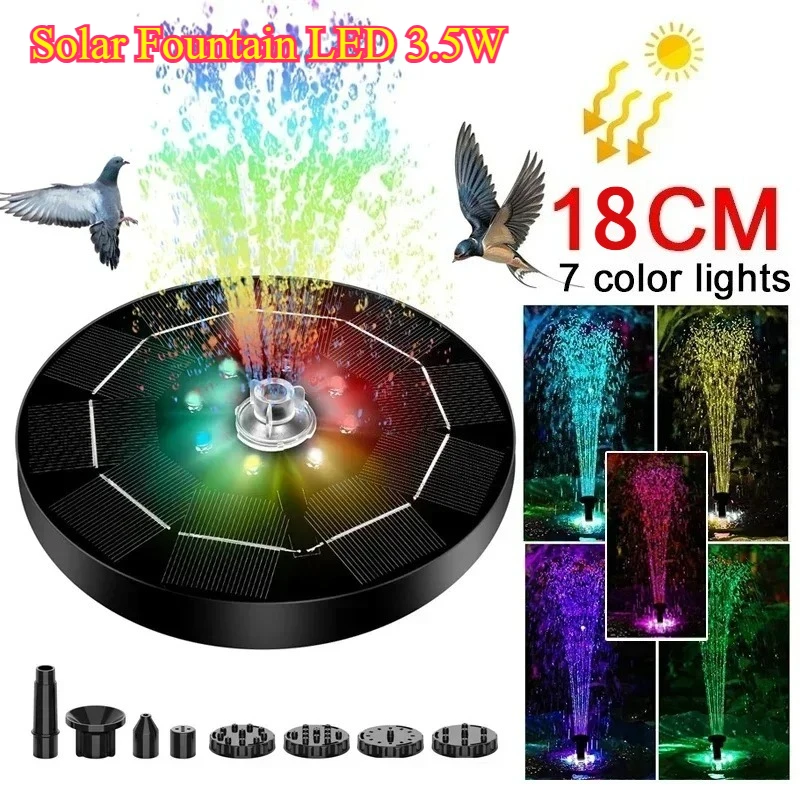 3.5W Fountain Light 7 Colors LED Solar Fountain Light Rotating Fountain with 6 Nozzle Water Pump Outdoor Bird Bath Garden Decor