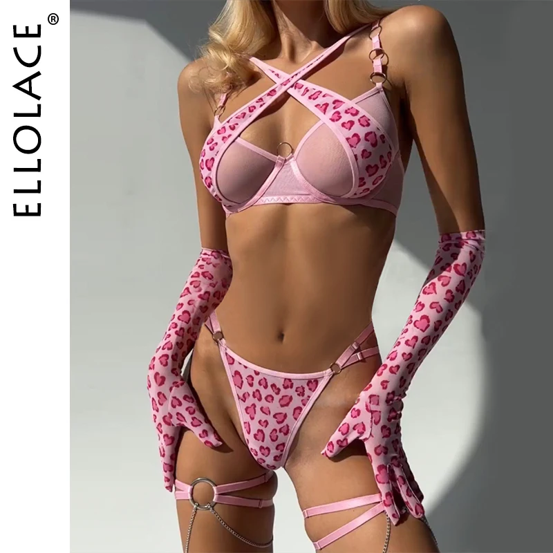 Ellolace Leopard Lingerie Cross Bra Push Up Intimate See Through Lace Hot Girl Underwear Romantic Loving Heart Gloves Stocking