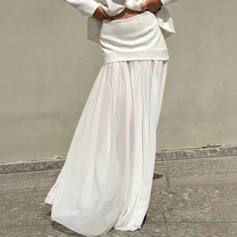 

TARUXY White Paneled Skirt Women's High-Waisted Elegant Flowy Casual Commuting Maxi Skirt 2026 Spring Summer New Vacation Skirt