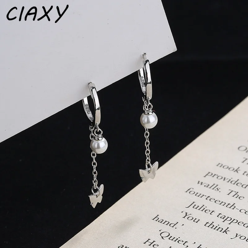 CIAXY Silver Color Hollow Butterfly Earrings for Women Temperament Fairy Pearl Ear Buckle New Fashion Jewelry aretes de mujer