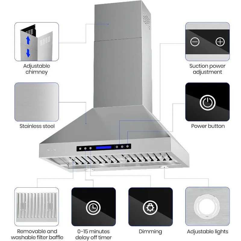 Hotte de cuisine 30 en acier inoxydable 900 CFM, à montage mural, commande tactile avec télécommande et écran LCD/4 pièces, lampe LED