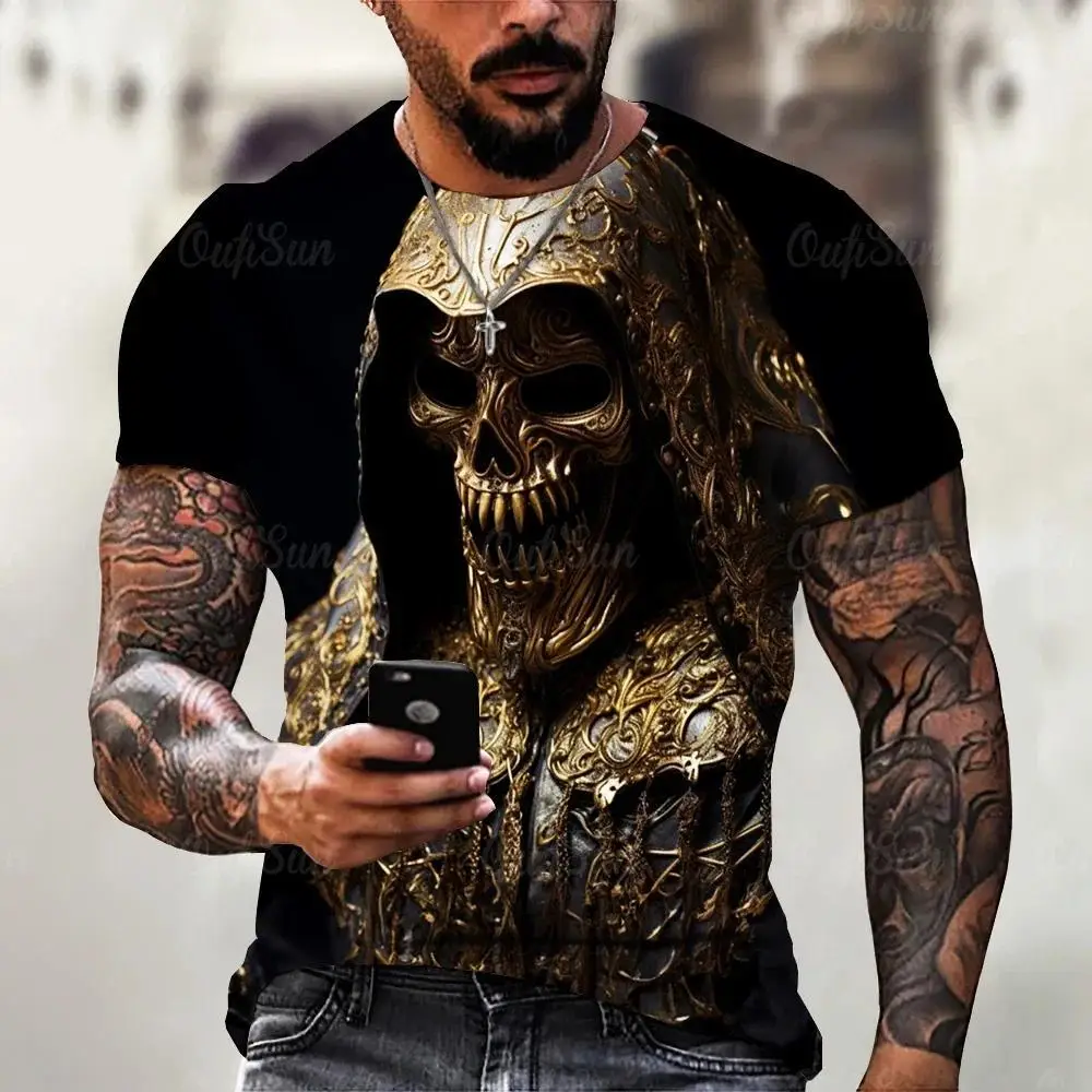 Men Golden Demon Mask T Shirt Dark Fantasy Sorcerer Graphic Short Sleeve Tee