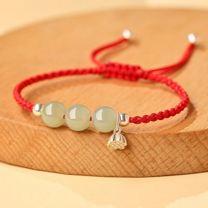 Vintage Hetian Jade Red String Bracelet for Women Handmade Braided Lucky Hand Rope Girls Gifts