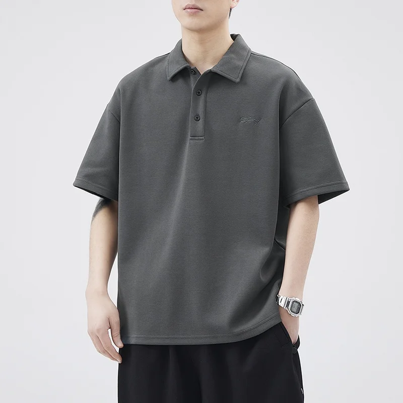 

Мужская летняя футболка свободного кроя с отложным воротником и вышивкой в американском стиле, повседневная, с коротким рукавом