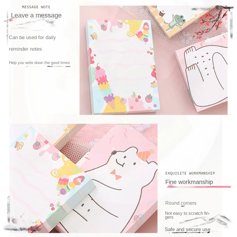 Cute Cartoon Bear Sticky Note Paper, Memo Pad Note Book, Student Notepad, Tear-off Message Book, Papelaria criativa, 10 pcs