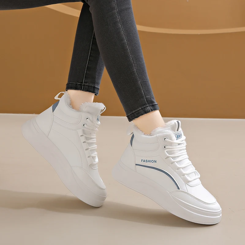 Women's Winter High-top Warm Shoes Fashion White Plus Velvet Platform Boots Korean Version of Casual All-match Cold-proof Shoes