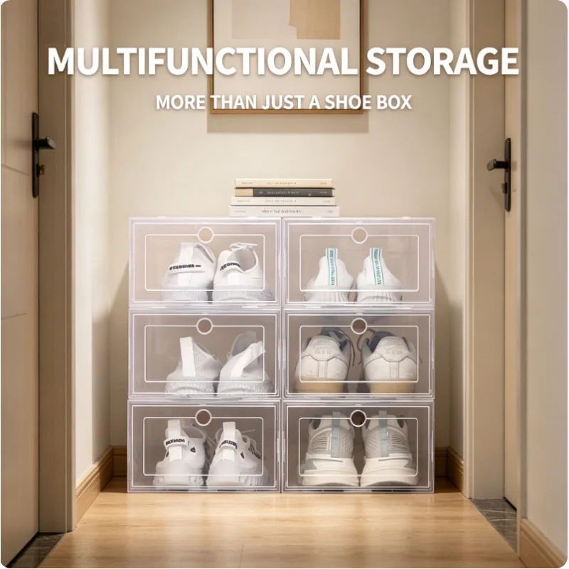 6PCS Transparent Plastic Shoe Storage Boxes Stackable Dustproof Sneaker Display Organizer for Women Closet Entryway