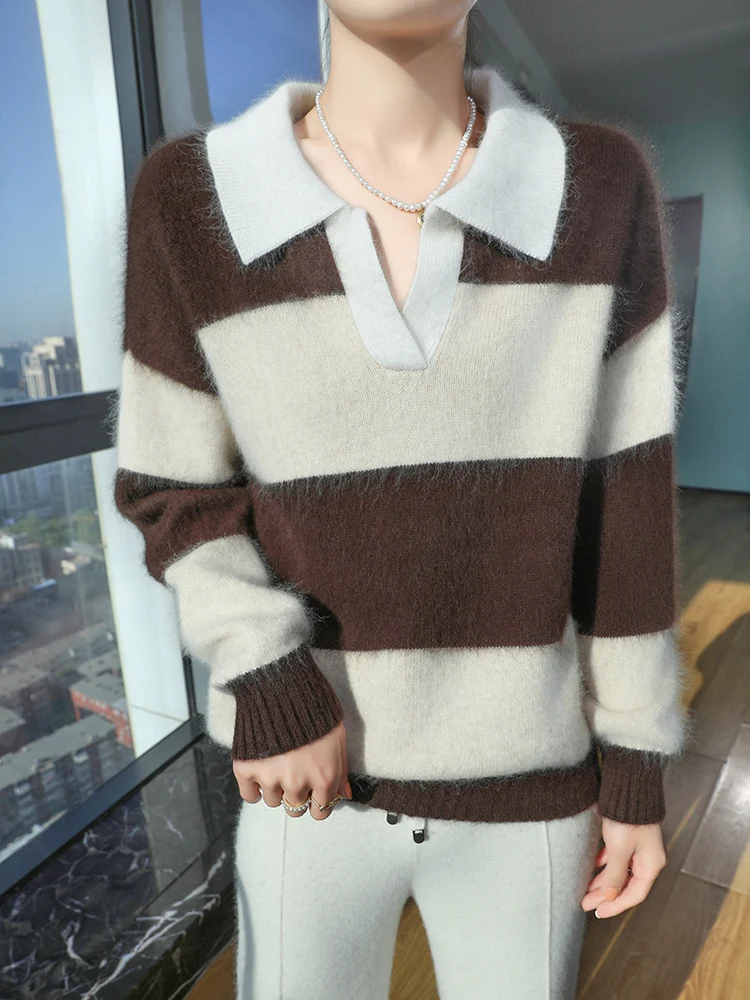 TLOML 신상 여성용 100% 밍크 캐시미어 스웨터 턴다운 칼라 스트라이프 풀오버 캐주얼 가을 겨울 부드럽고 따뜻한 밍크 캐시미어 탑