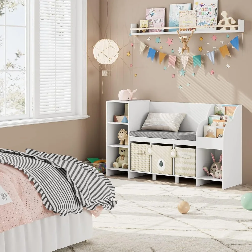 Bibliothèque pour enfants avec coin de lecture, bibliothèque avec coussin de siège et étagère réglable, banc de rangement avec livre T1 pour chambre à coucher