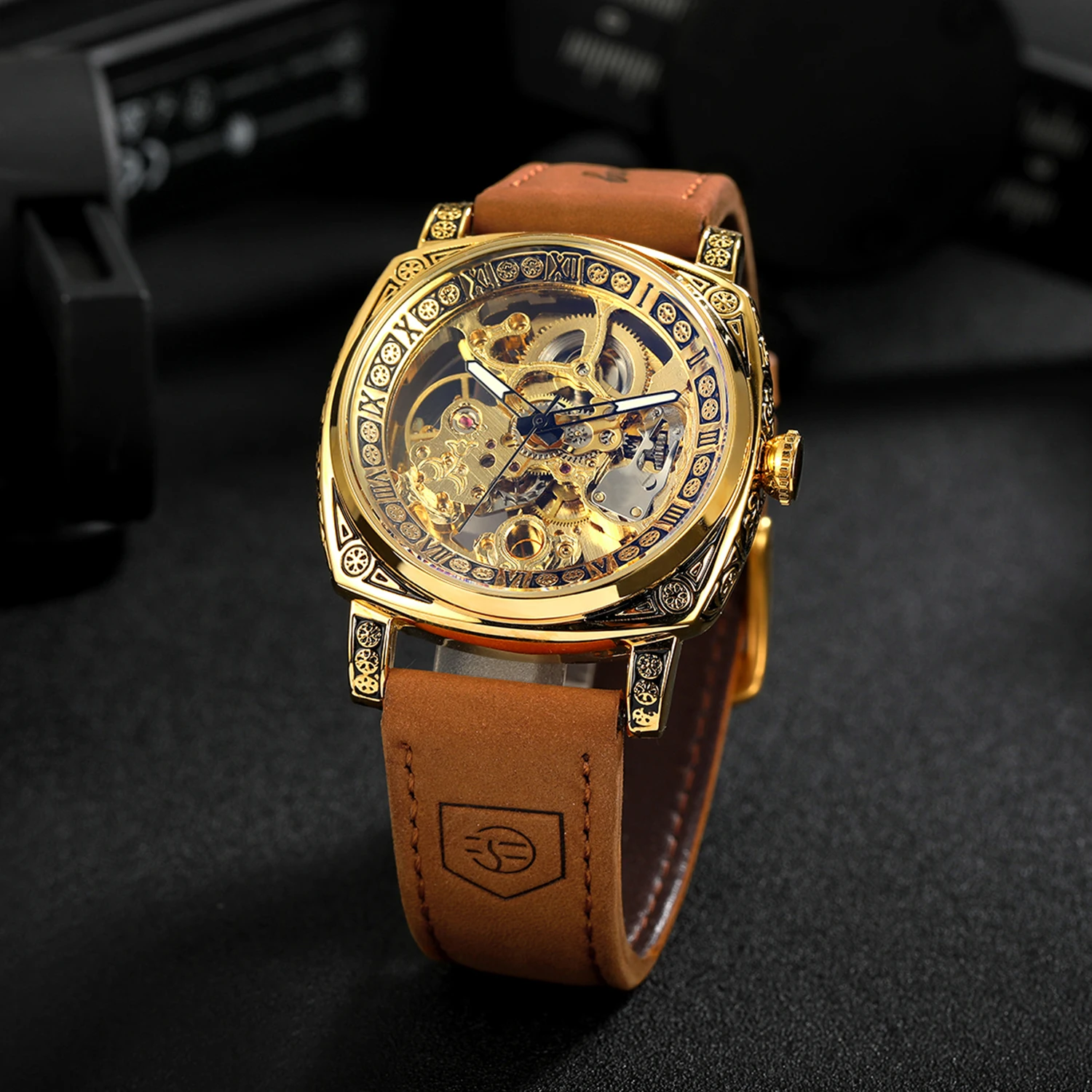 Forsining Gold Skeleton Mechanical Watch for Men Square Engraved Case Leather Strap Fashion Luxury Brand Automatic Mens Watches