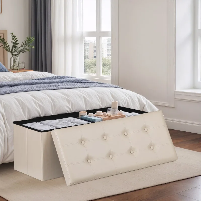 Furniture 43 Inches Folding Storage Ottoman Bench Storage Chest Footrest Wi/ Divider Beige Stools Ottomans