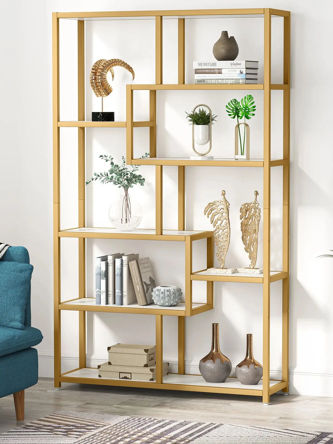 Tribesigns 5-laags boekenplank Etagere boekenkast, moderne gouden boekenplank organisator displayrek met 8 open opbergplank - afbeelding 2