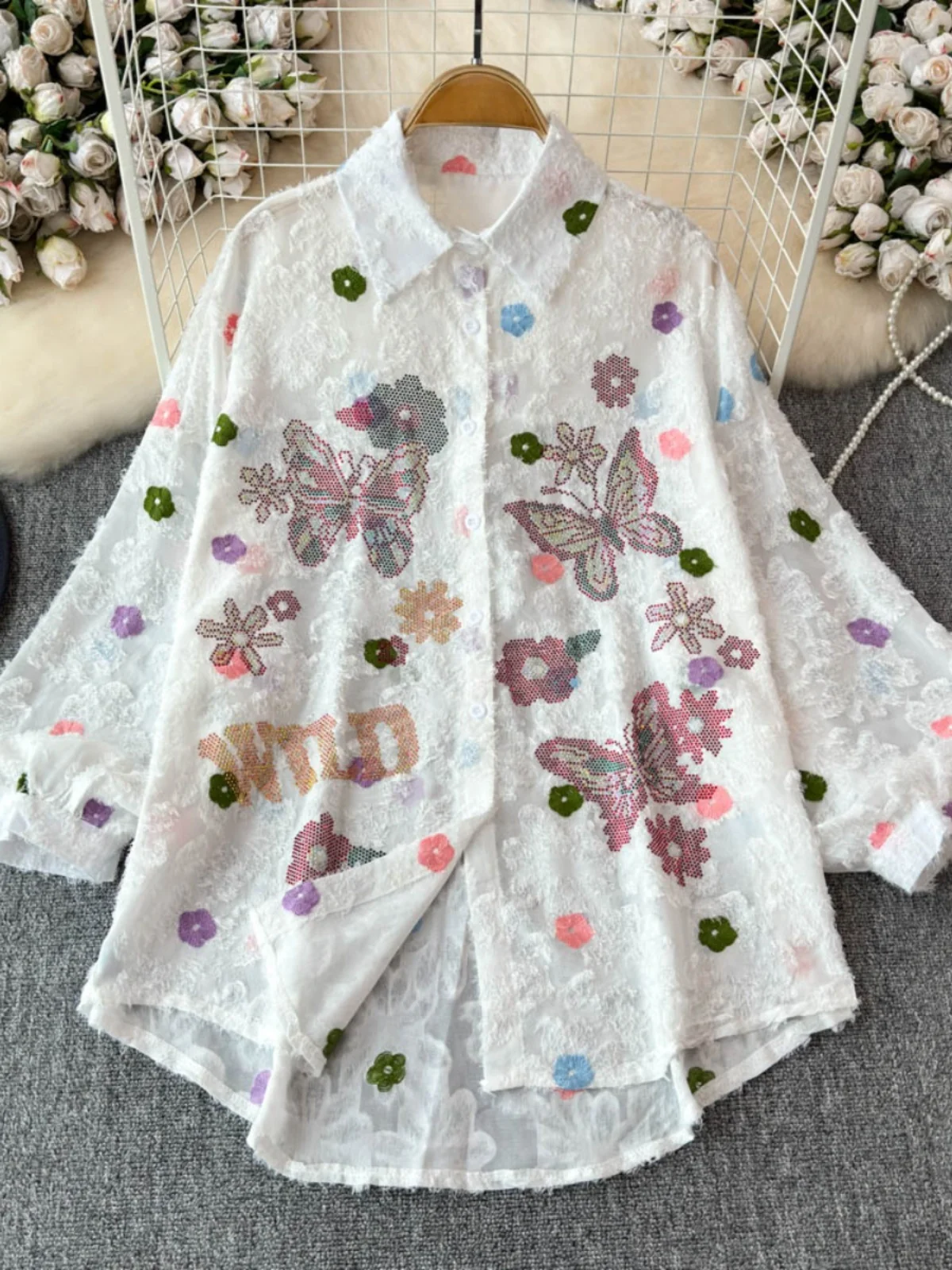 

Japanese Sle Embroidered Stand Collar Loose Fit Slimming Women's irt Spring Autumn Faionable Casual Long Sve Top