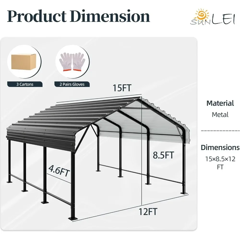 12X15 FT Heavy Duty Carport Canopy with Galvanized Steel Roof and Frame, Metal Carport Upgraded Extra Large Garage for Pickup