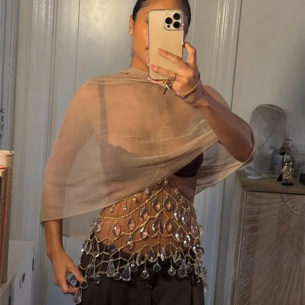 

Versatile Lace-Up Tank Tops for Sexy Western Beauties Multi-Layer Gemstone Pendant Tops with Chain Corsets and Waist Belts