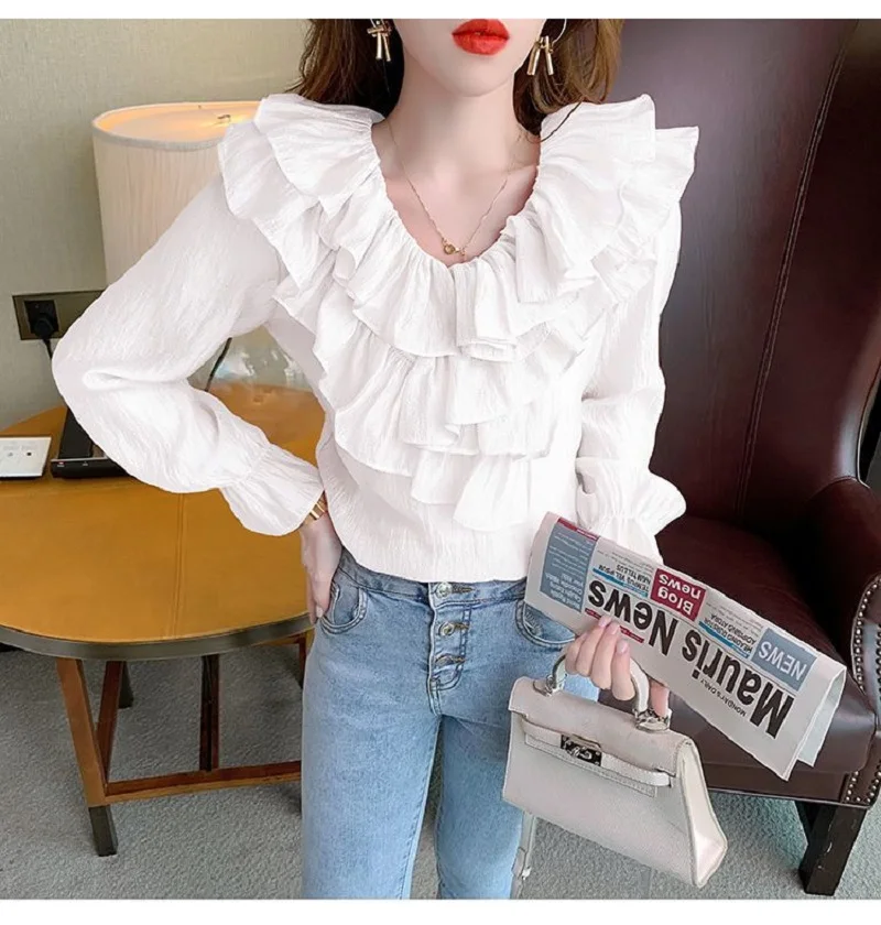 Womens V-neck Long Sleeved Ruffled Edge Chiffon Shirt Top