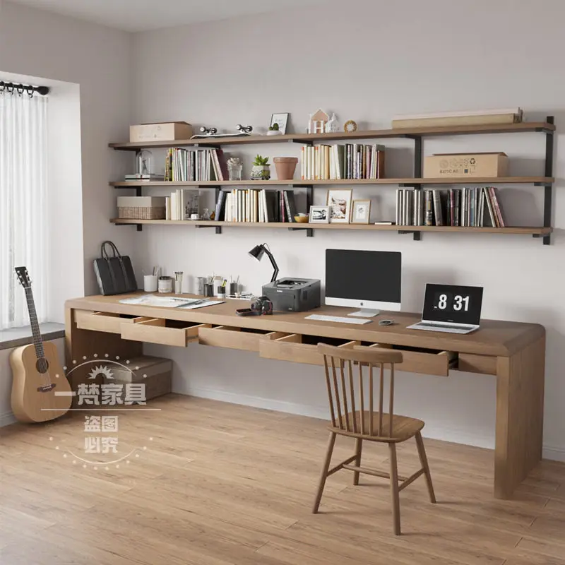 Double solid wood desk with drawers Simple household log computer Desktop table American children's