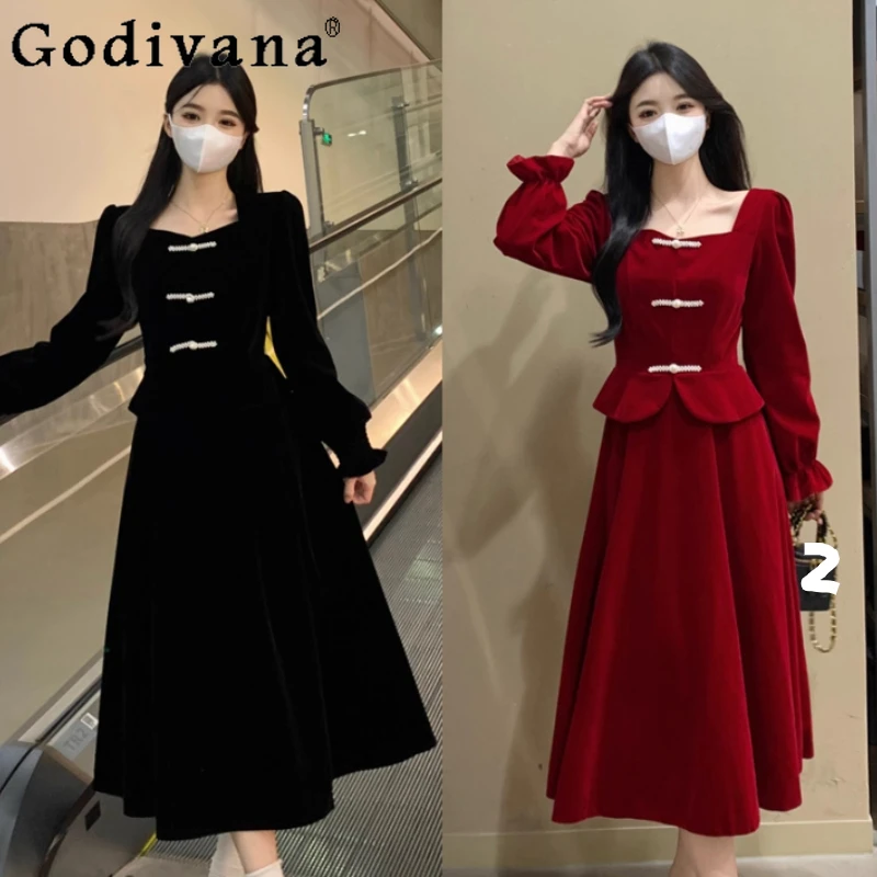 Herbst Winter Große Größe Chinesische Square Neck Langarm Kleid Hohe Taille A-linie Vielseitig Alter-reduzierung Gefälschte Zwei-stück Kleider