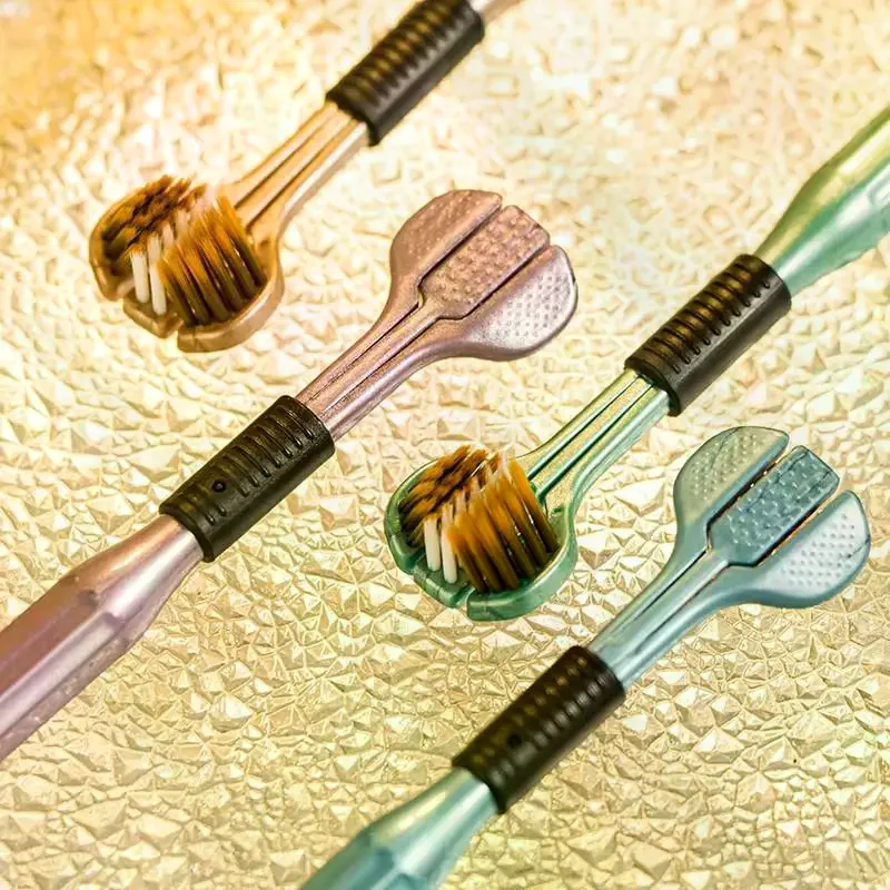 Adult 4Pcs Three Sided Toothbrush Triple Head Multi Angle Deep Cleaning Teeth Soft Bristles Plaque Remover Kit