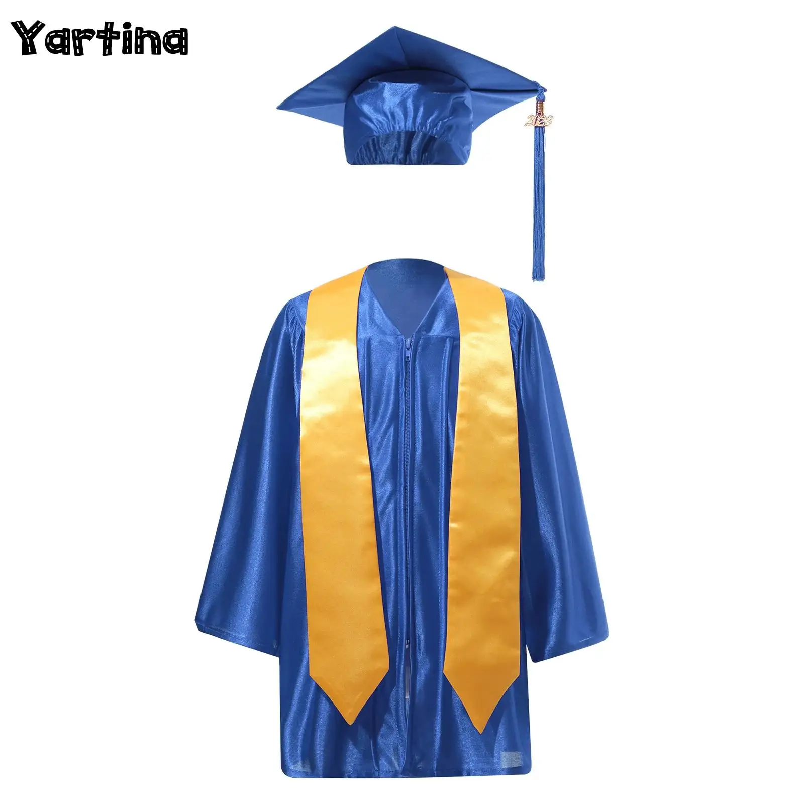 Kids Girls Boys Kindergarten Graduation Gown Cap uniforme prescolare con 2023 Badge nappa e fascia di laurea per taglia bambino