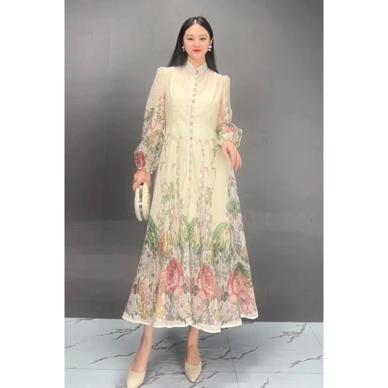 Vefadisa 2024 Autumn New White Printed Women Dress Stand Collar Long Sleeve Waist Swing Dress Temperament Elegant Dress ZXY1103A