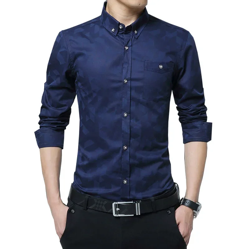 TFETTERS Cotton Smart Casual Men Shirt Long Sleeve Jacquard Weave Slim Fit Shirt Men Cotton Mens Dress Shirts Men Clothes