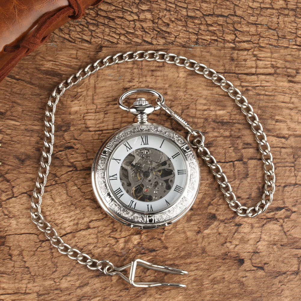 

Fashion Elegant Men's Mechanical Pocket Watch Transparent Glass Roman Numerals Dial Mechanical Hand Winding Pendant Clock Chain