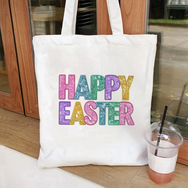 

Easter Bunny Themed Large Capacity Eco-Friendly Canvas Tote Bag For Women Durable Shoulder Handbag For Shopping And Daily Use