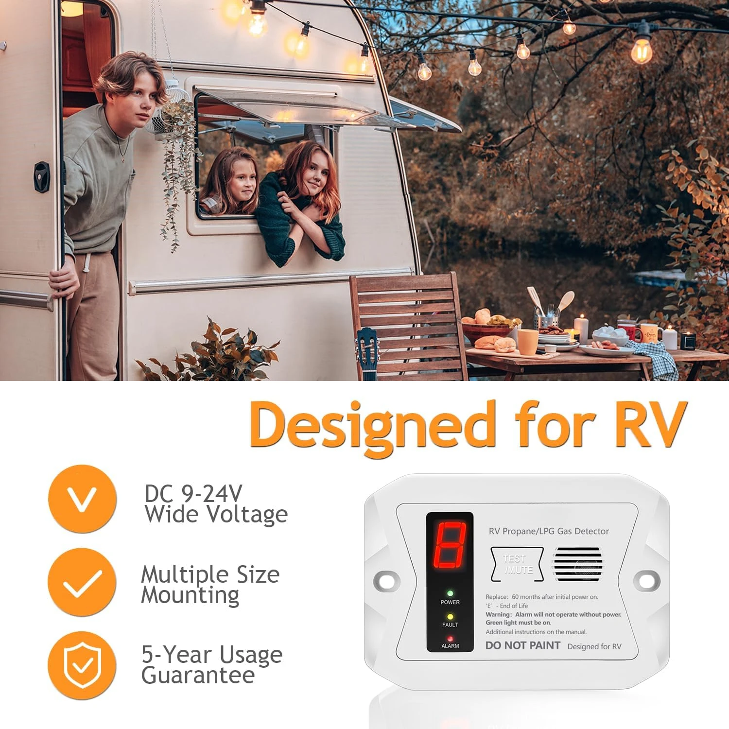 RV Propane Gas Detector, RV Propane/LPG Gas Alarm, DC 12V - Designed For Motorhome Travel. Digital Display; 85dB Alarm