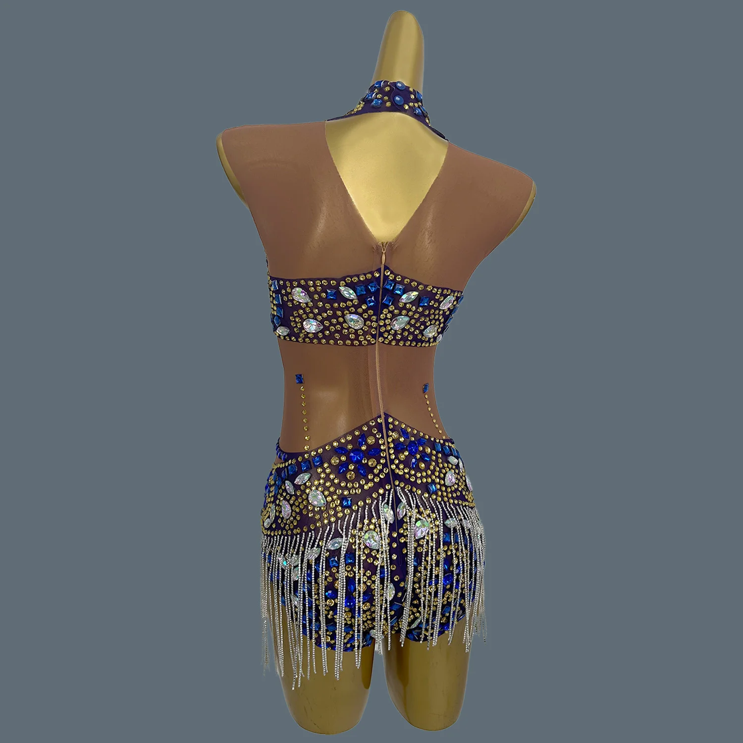 Carnival Party Showgirl Sexy Tassel Sheer Mesh Bodysuit Stage Show Costume Nightclub for Women Dance Rhinestone Bodysuit Yaoji