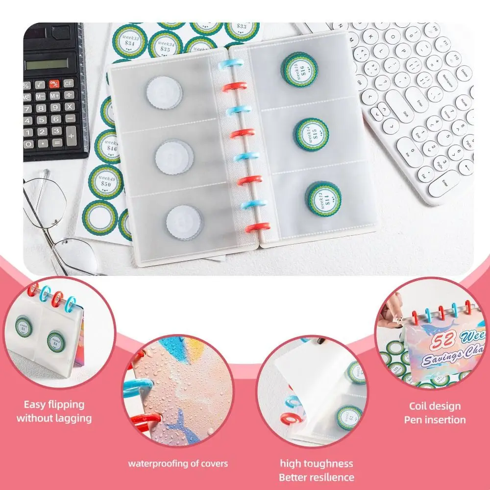 52주 저축 챌린지 노트 다채로운 주간 예산 바인더 플래너 다용도 포켓 루즈리프 현금 봉투 저축 바인더